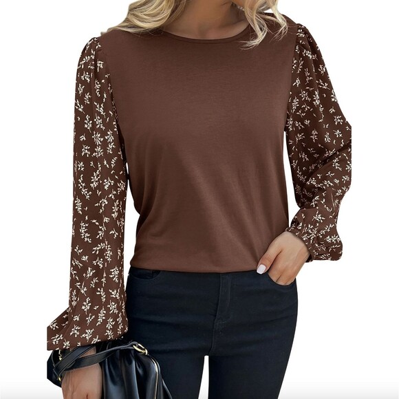 New HUBERY Women Floral Printed Long Sleeve Crew Neck Solid Pullover Top, S - Picture 3 of 4